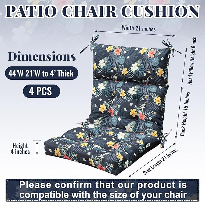 Sintuff 4 Pcs 44 x 21 x 4 Patio Chair Cushions Outdoor Chair Cushion Seat/Back Tufted Pillow with Ties Water Resistant Replacement Indoor Patio Furniture Outdoor Furniture (Pattern,Black)