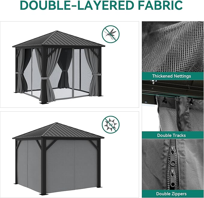 YITAHOME 10'X10' Metal Hardtop Gazebo Outdoor Patio Single Top Canopy Galvanized Iron Garden Tent Curtains Netting for Backyards Decks Lawns,Gray