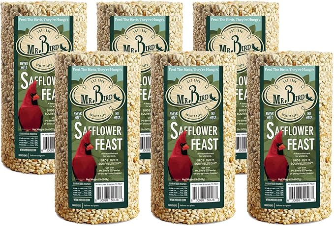 6-Pack Mr. Bird Safflower Feast Wild Bird Seed Cylinder 28oz | Wild Bird Food for Outdoor Birds | Backyard Birdfeeding | Squirrel Resistant Bird Food