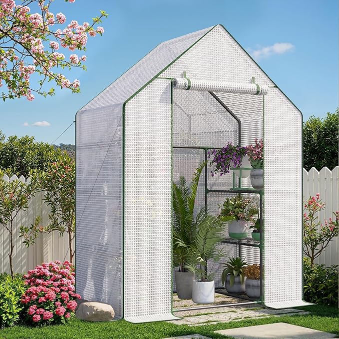 Greenhouse for Outdoors, Portable Green House, Walk in Greenhouses with Durable PE Cover, 57 x 29 x 76 inch Greenhouse with Shelves Stands,White