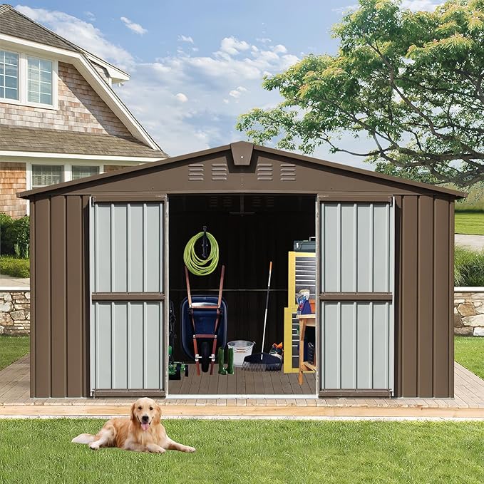 Christopher Knight Home Avonn Backyard Storage Shed 11'x 9' with Galvanized Steel Frame & Windows, Outdoor Garden Shed Metal Utility Tool Storage Room with Lockable Door for Patio, Brown