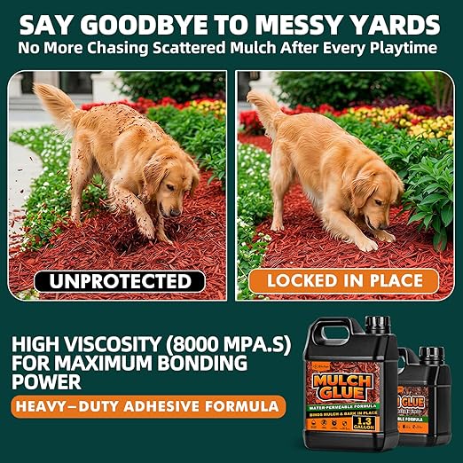 JDiction Mulch Glue for Landscaping - 1.3 Gallon Intertek Certified Safe Rock Glue, 10X Mega Strength Gravel Binder for Rubber Mulch, Pebbles & Stone, No White Residue, Water Permeable, Lasts 2 Years