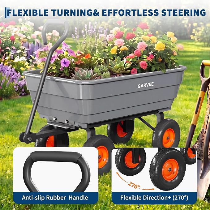 Garvee Poly Garden Dump Cart, Heavy Duty 600lbs Wheelbarrow Yard Cart Dump Wagon with 10”All Terrain Wheels, Garden Utility Wagon with Quick Release System& Convertible Handle Attach to ATV (Gray)