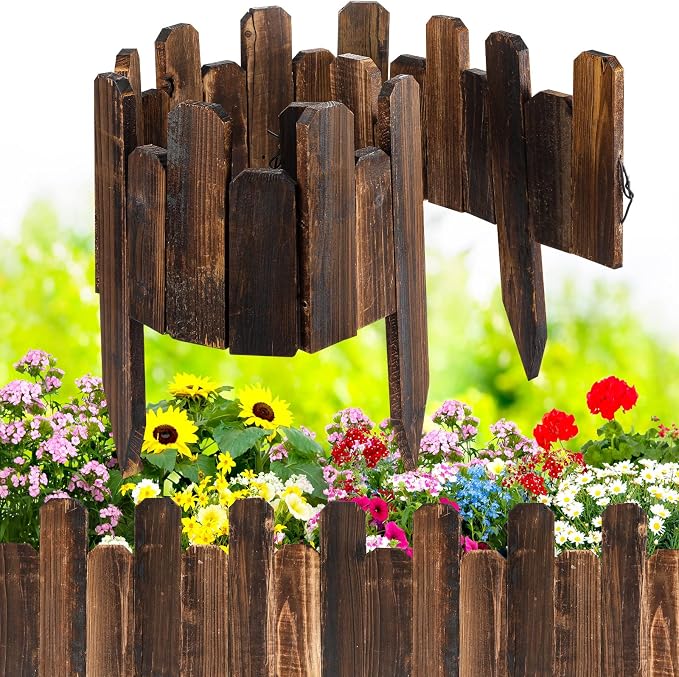 Bucherry 1 Pc Wood Garden Edging Border No Dig Landscape Edging Anti Corrosive Lawn Picket Fence with Gloves Decorative Flower Bed for Yard Patio Pathway Tree Outdoor 7.9 x 47 Inch