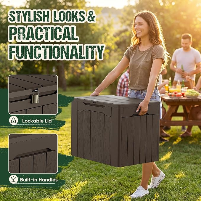 Devoko 29 Gallon Waterproof Outdoor Storage Box Resin Deck Box Lockable and UV Resistant for Patio Furniture, Garden Tools (Brown, 29 Gallon)