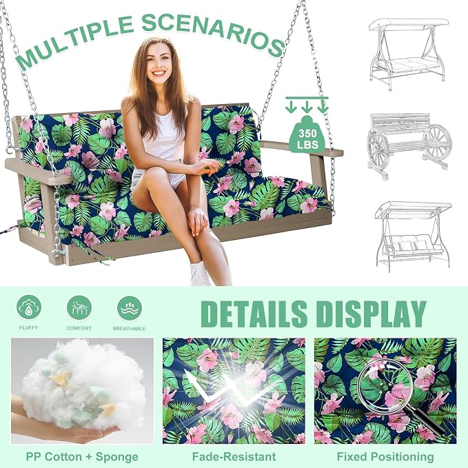 Porch Swing Cushions Outdoor 70 inch x 40 Waterproof Swing Cushions 3 Seater Replacement with Backrest & 8 Ties 5" Thick Bench Swing Cushions for Outdoor Furniture Patio(Green Leaves)