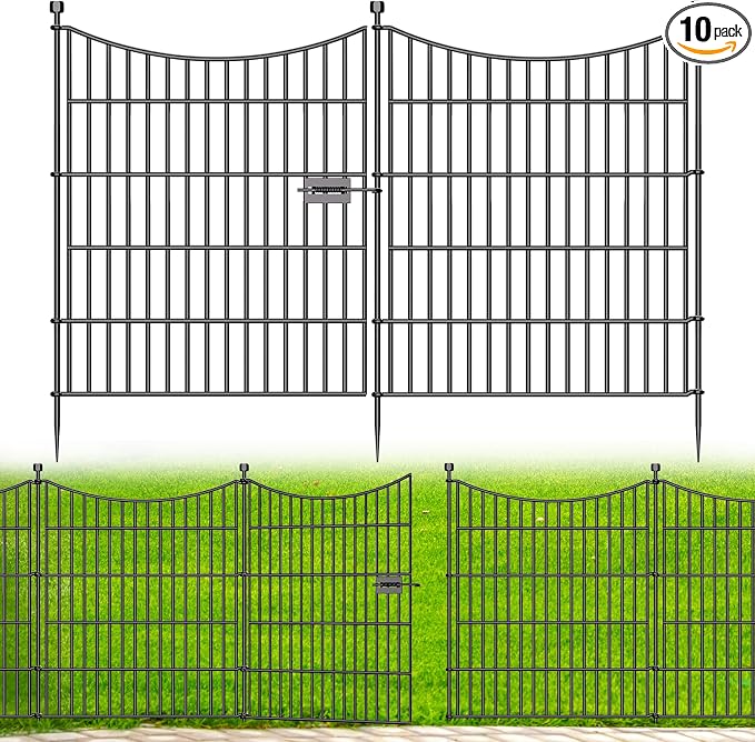 10 Panels Decorative Garden Fence with Gate, 32 in(H) X 23.6 ft(L) No Dig Dog Fence Animal Barrier Outdoor for Yard, Rustproof Metal Garden Edging and Borders, Temporary Fencing Stakes