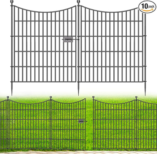 10 Panels Decorative Garden Fence with Gate, 32 in(H) X 23.6 ft(L) No Dig Dog Fence Animal Barrier Outdoor for Yard, Rustproof Metal Garden Edging and Borders, Temporary Fencing Stakes