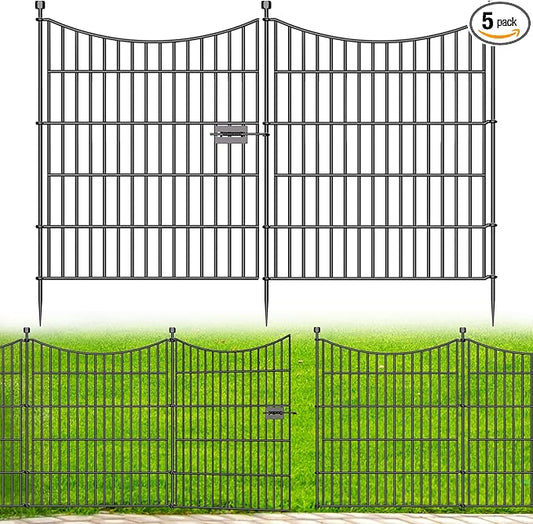 5 Panels Decorative Garden Fence with Gate, 32 in(H) X 12 ft(L) No Dig Dog Fence Animal Barrier Outdoor for Yard, Rustproof Metal Garden Edging and Borders, Temporary Fencing Stakes