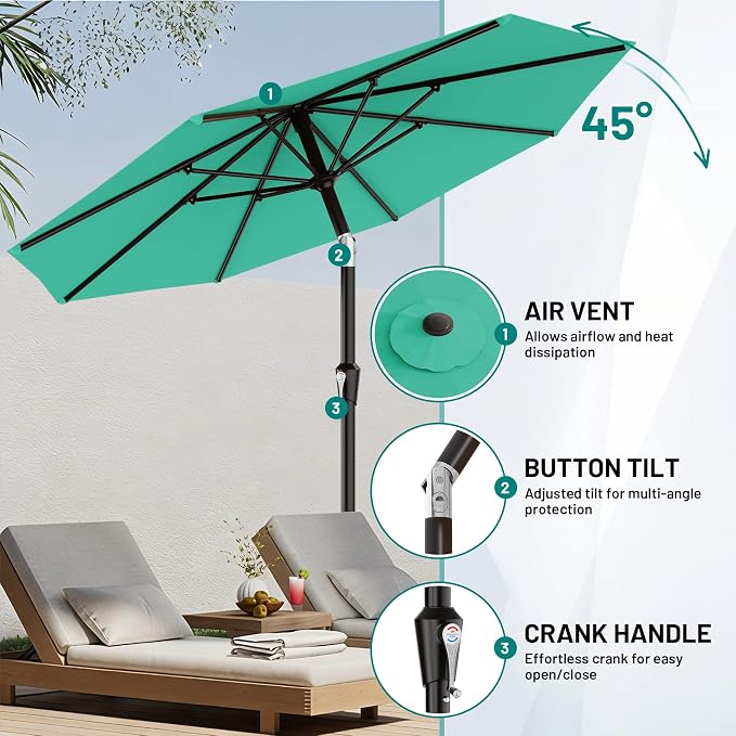 AreShark 10 FT Patio Umbrella for Outdoor, Outdoor Table Umbrella with Push Button Tilt and Crank, Outdoor Patio Umbrellas with 8 Sturdy Ribs for Market, Garden, Pool (Aqua Sky)