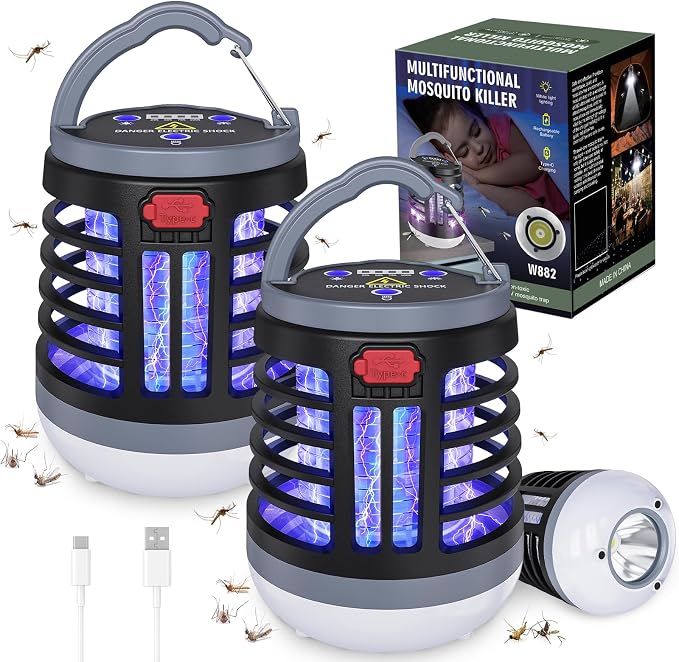 3 in 1 Indoor Bug Outdoor Mosquito Zappers, USB Rechargeable Mosquito Killer Portable Waterproof, LED Lantern Fly Zappers Camp Light Emergency Light for Home, Backyard, Camping Patio - 2 Pack