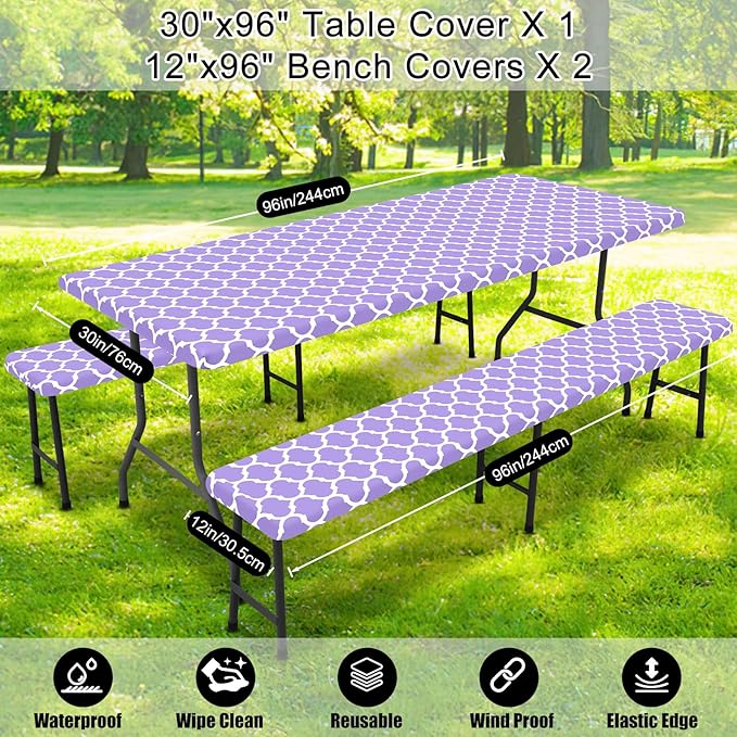 Smiry Picnic Table Cover with Bench Covers, Waterproof Elastic Fitted Tablecloth for 8 Foot Tables, Washable Polyester Tablecloths for Camping, Indoor & Outdoor (Lavender, 30x96 Inch 3-pc Set)