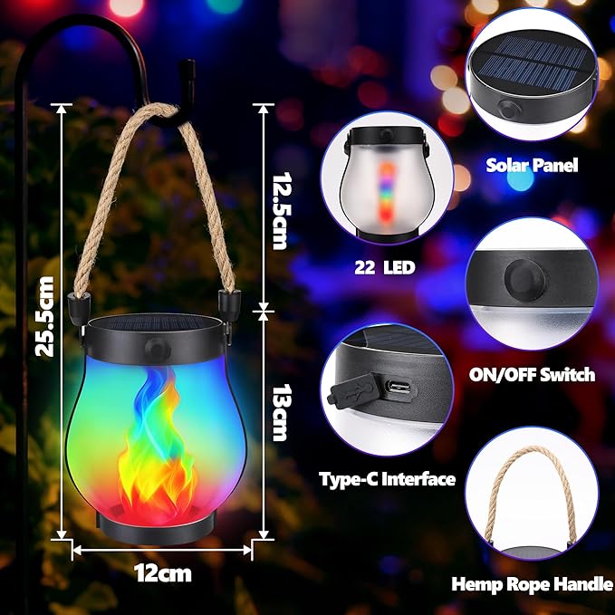 Jyoiat Christmas Solar Flame Lanterns Hanging Outdoor Waterproof - 2 Pack Flame Lanterns with Dual Charging Modes of Solar & USB for Garden or Yard Christmas Decorations (Multicolor - 2 Pack)