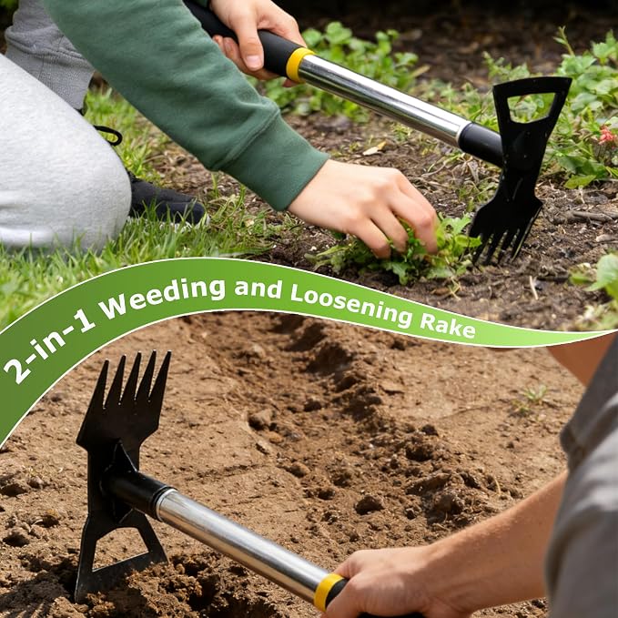 Weed Puller Tool, 2 in 1 Weeding Tools, Weed Pulling Tool, 15.7" Short Handle Weed Remover Tool, 5-Tine Garden Weed Rake, Gardening Hand Tools for Weeding in Flower Beds, Courtyards & Narrow Gaps