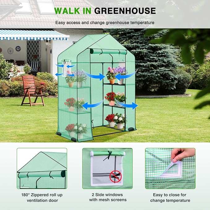 Yesker Greenhouse 57"x29"x77" Walk in Green House - Large Outdoor/Indoor Greenhouses with 4 Shelves Waterproof PE Cover & Windows, Portable Greenhouse Kit for Winter Backyard Gardening Patio, Green