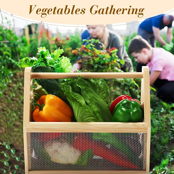 Colingmill Garden Harvest Basket Large Vegetable Garden Harvesting Basket Veggie 12 x 10 x 7.5 Inch Mesh Gardening Hod with Wood Handle for Flower Fruit Gathering Supply Gift for Mom Women Gardener