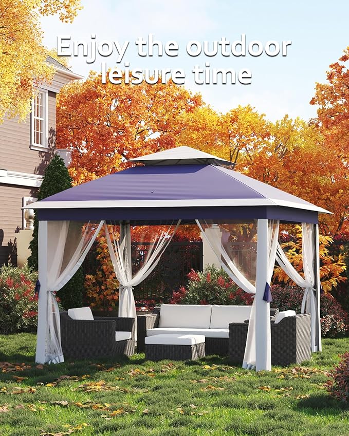 Garveelife 11x11 Pop Up Gazebo Tent with Mosquito Netting, Outdoor Canopy Shelter Easy Setup, Water & UV Resistant - Navy