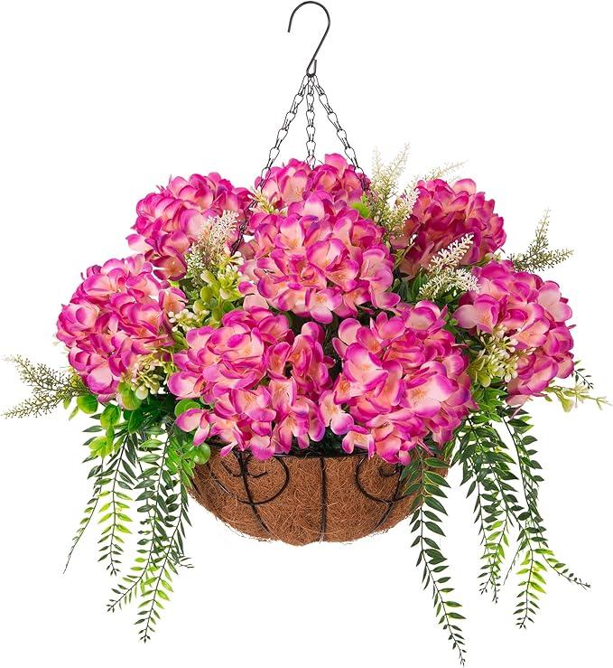 Ammyoo Artificial Hydrangea Flowers with Hanging Basket Planter for Spring Decoration, Fake Silk Flowers Outdoor Arrangements, Faux Hanging Plants for Garden Balcony Outside Decor (Fuchsia)