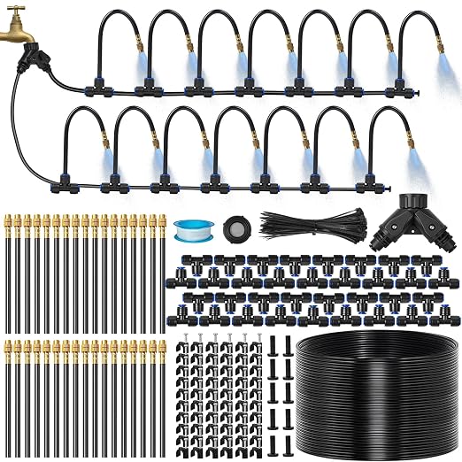 160Ft 1/4" Drip Irrigation System for Garden – 34 Adjustable Copper Nozzles, Automatic Atomizing Sprinkler System for Outdoor Plants Raised Bed, Yard, Potted Plants & Lawn