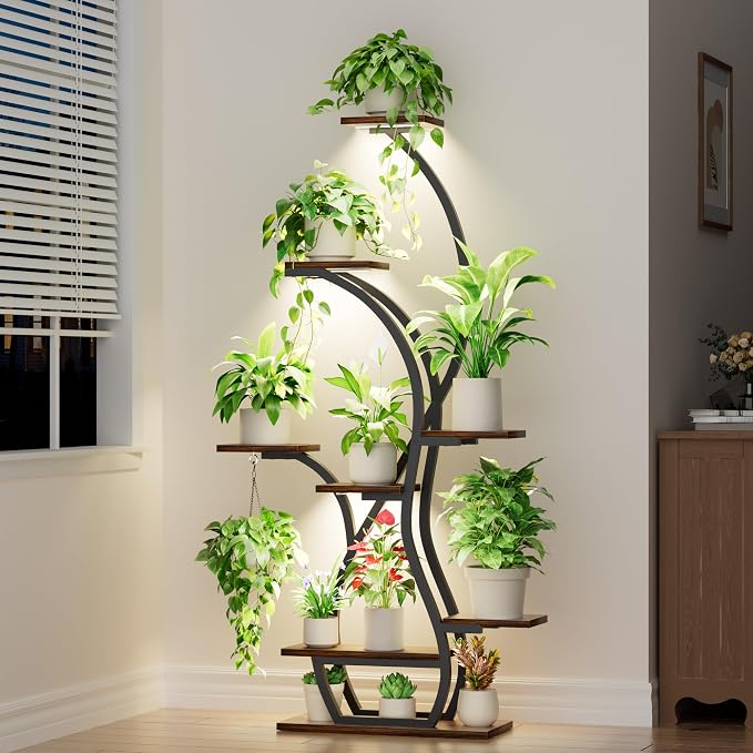 EVAWOO Plant Stand Indoor with Grow Lights - 8 Tiered Corner Plant Shelf Indoor, 65" Tall Lighted Plant Holder for House, Black