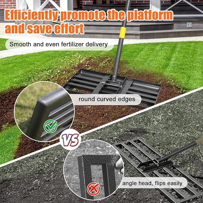 Lawn Leveling Rake, 62 Inch Adjustable Long Handle Leveling Rake, Black Heavy Duty & 1 Inch Diameter Stainless Steel Handle Lawn Rakes, Lawn Leveler Tool for Soil Grass Golf Field Yard