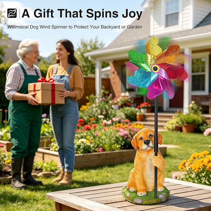 Dog Wind Spinner Decor, Waterproof Resin Golden Retriever Garden Statue with Colorful Pinwheel for Outdoor Patio, Flower Bed, Poolside, Backyard Lawn