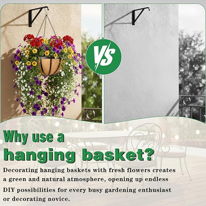 2 Pack 14 Inch Hanging Planters for Outdoor Plants Metal Hanging Planter Basket with Coco Coir Liner Round Plant Black Flat Iron Metal Flower Pots for Deck Patio Porch Garden Balcony