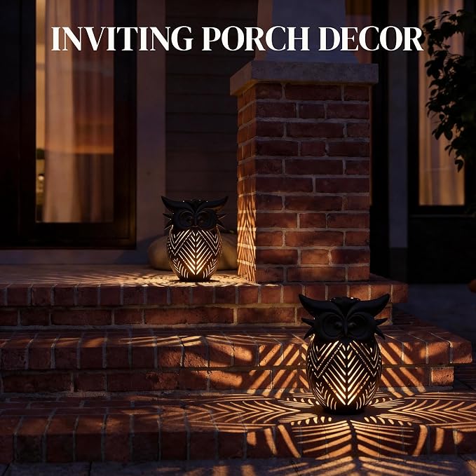 Hanging Owl Solar Lantern, Outdoor Waterproof Metal Solar Lights with Palm Leaf Shadow, Decorative Garden Lanterns for Yard Art Patio Decor, Whimsical Gifts for Women, Black