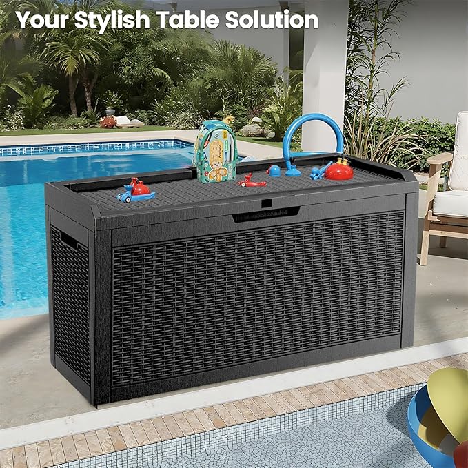 60 Gallon Outdoor Storage Box for Indoor & Outdoor Use, Waterproof Resin Rattan Deck Bin - Lockable & Fade Resistant - Ideal for Package Storage, Patio Cushions & Gardening Tools, Black