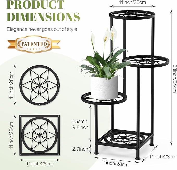 4 Tier Plant Stand Indoor Outdoor, Metal Flower Shelf Display Holder, Multiple Plants Corner Tall Flower Holders for Patio Balcony Porch Garden Living Room (Diamond Black)