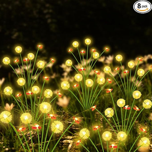 EEW Solar Garden Lights Outdoor 8 Pack 64 LED Swaying Dandelion Bee Lights | Newly 3-Layer Design, Auto On/Off, IP65 Waterproof, 2 Modes, Adjustable Stem, Garden Lawn Pathway Patio Party Decorations