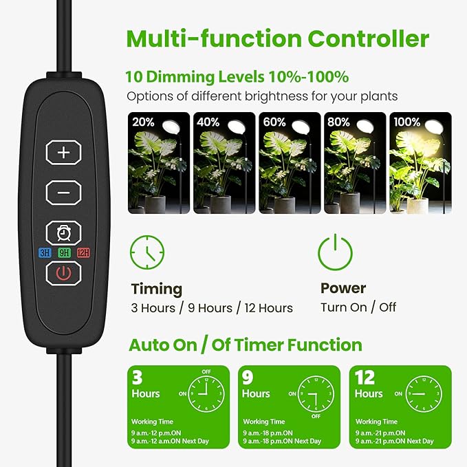 20W Full Spectrum Grow Light for Indoor Plants, 63in Adjustable Floor Lamp with Gooseneck, 4000K Natural Sunlike Light, 3/9/12H Auto On/Off Timer, 10-Level Dimmable for Tall Small Plants