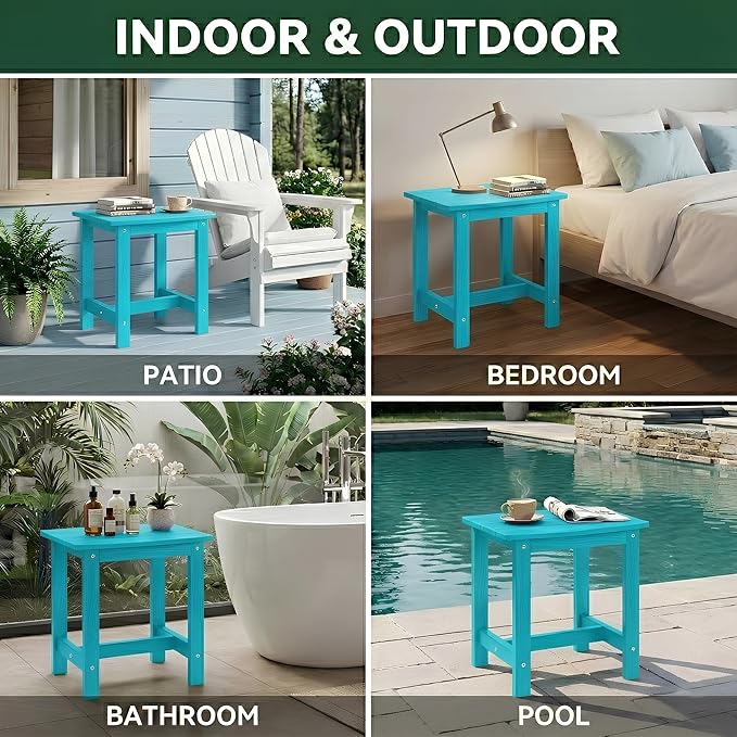 Y&M Outdoor Side Table, HIPS Adirondack Small Single Table, Waterproof Square Outside Table, Balcony Modern End Tables for Patio, Pool, Beach, Porch, Deck, Indoor or Outdoor Use, Aruba Blue