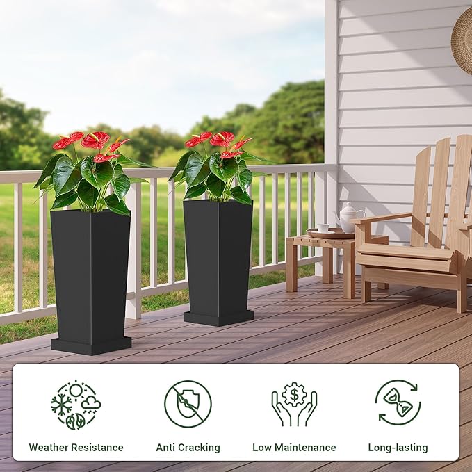 Metal Tall Outdoor Planters Set of 2, 24 inch Durable Tall Planters with Rust-Proof Coating & Drainage Insert Shelve & Trays, Black Outdoor Planters for Porch, Garden, Patio, Yard