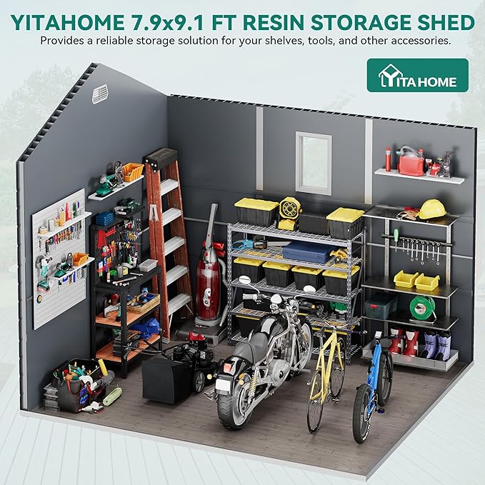 YITAHOME 8x9FT Resin Storage Unit sans Flooring, All-Weather Plastic Shed with Window, Vents and Secured Doors, Outdoor Plastic Tool Cabin for Poolside, Lawn, Backyard, Patio, Dark Gray