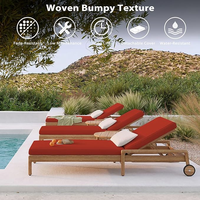 Sundale Outdoor Olefin Chaise Lounge Cushion, Water-Resistant Patio Lounge Chair Cushion, Thick Lounger Pad with 4 Straps Red, 72 x 21 x 4 Inches