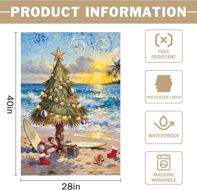 Coastal Christmas House Flag 28x40 Inch Xmas Tree Beach Holiday Themed Decorative Garden Flags for Outside Double Sided Winter Seasonal Outdoor Home Farmhouse Decoration Yard Porch New Year Decor