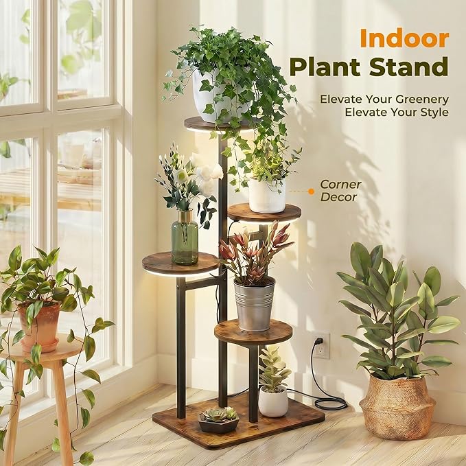4 Tier Plant Stand Indoor with Grow Light for Multiple Plants | Corner Flower Stand, Vintage Multi-Layer Design, Sturdy Plant Shelf, Space-Saving, Ideal for Living Room Indoor Plant Display