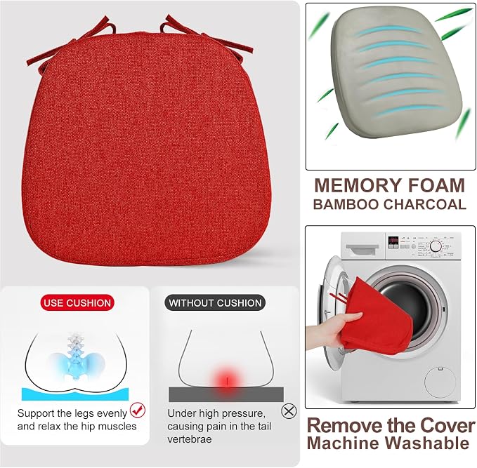 SINOSSO 1 Pack Memory Foam Chair Cushions for Dining Chair, Friendly Woven Fabric 16" U-Shape Comfortable Kitchen Chair Pad, Removable Slip Resistant Seat Cushion (1 Piece, Red)