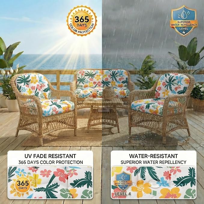 1 MIDDLE ONE Wicker Chair Cushions 3 Pieces Set for Outdoor Furniture, Replacement Patio Wicker Furniture Cushions, 1Pc Loveseat Cushion & 2Pcs Chair Cushions (Tropical Palm Floral)