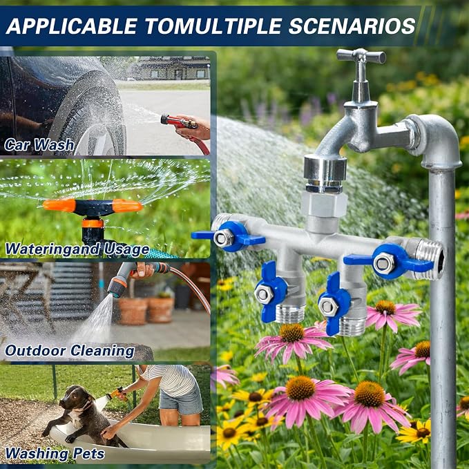 4 Way Garden Hose Splitter, 304 Stainless Steel Hose Splitter with 4 Shut-Off Valves, Heavy Duty Outdoor Faucet Adapter, 3/4" GHT Full Flow Hose Connector for Garden Irrigation