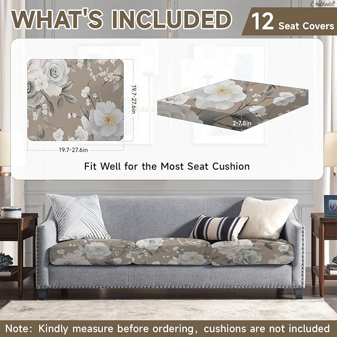 CALBODE 12Pcs Stretch Patio Cushion Cover, Vintage Floral Printed Couch & Sofa Slipcovers for Patio Furniture Cushions Washable Reusable Couch Covers Replacement for All-Season (Cover Only)