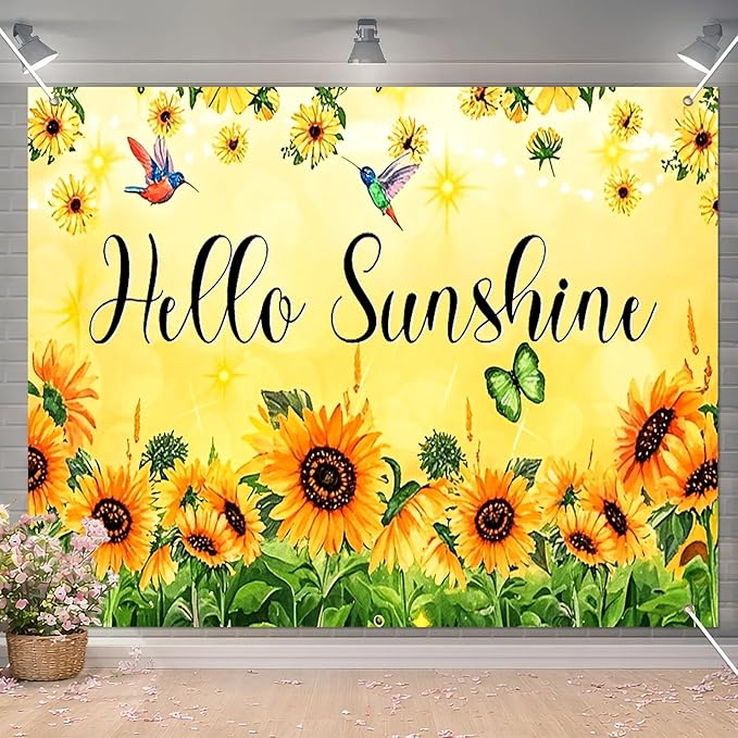 BlissYard Hello Sunshine Backdrop Decoration Sunflower Floral Banner 8x6ft Summer Spring Photo Backdrop Yellow Flower Background for Garden Party Photo Booth Seasonal Event Wall Display