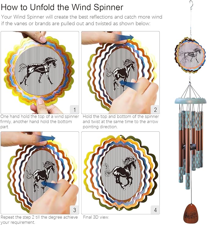 Aoedelyart Wind Chimes for Outside with 3D Animations Horse Wind Spinner,37" Memorial Wind Chimes Outdoor Garden Decor,Horse Gifts for Women Mom Grandma Men Father,Patio Decorations,Garden Ornaments