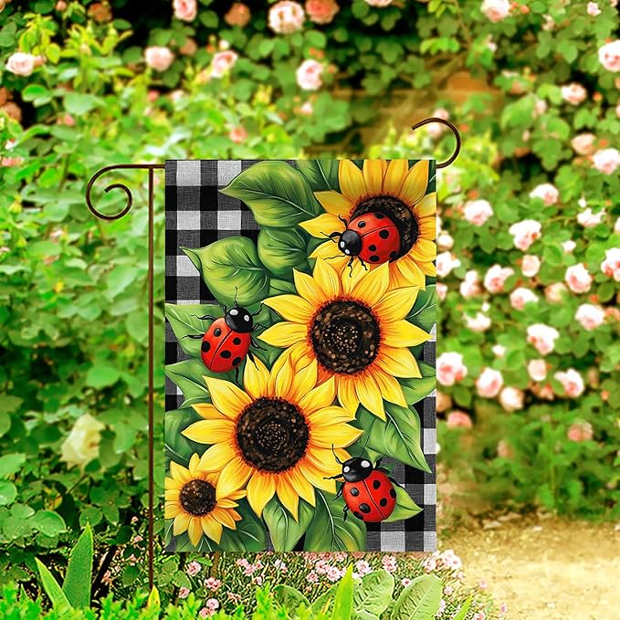 Morigins Spring Garden Flag Double Sided Ladybug Sunflower Flower Buffalo Plaid Farmhouse Yard Flag Summer Seasonal 12.5×18 inch