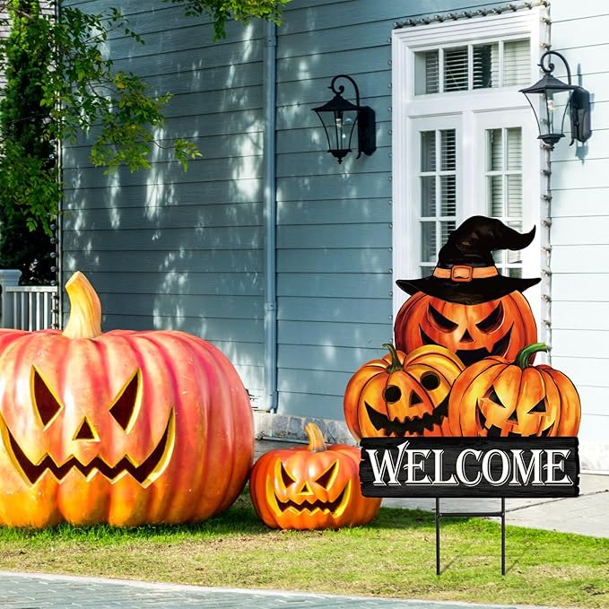JarThenaAMCS Vintage Halloween Pumpkin Metal Garden Stake Evil Pumpkin Face Decorative Lawn Sign Spooky Welcome Yard Sign for Trick or Treat Home Outside Lawn Porch Decor