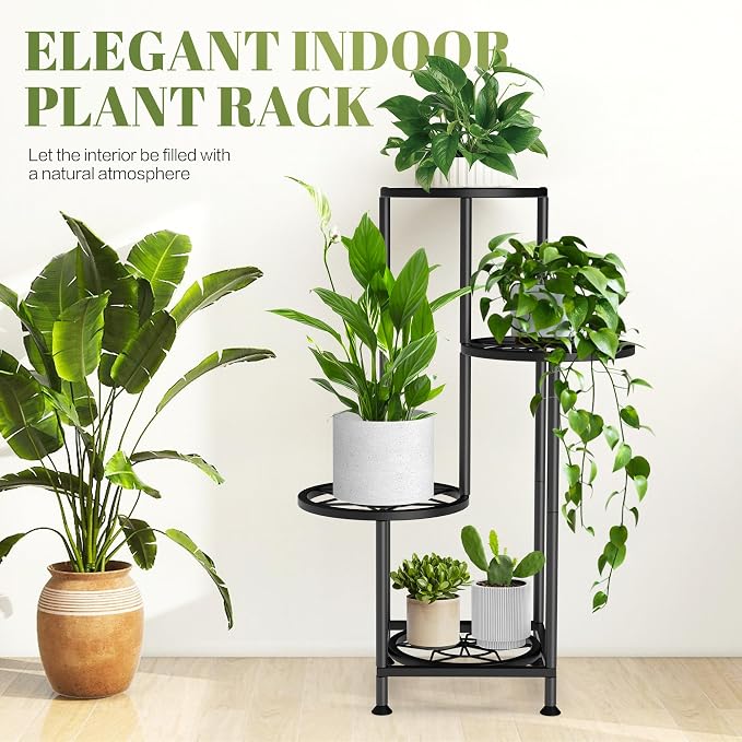 4 Tier Plant Stand Indoor Outdoor, Metal Flower Shelf Display Holder, Multiple Plants Corner Tall Flower Holders for Patio Balcony Porch Garden Living Room (Diamond Black)