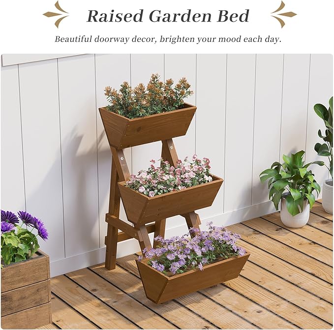 Kitsanery 3-Tiers Wooden Raised Garden Bed,Wood Planter Box for Vegetable,Flower Rack,Flower Pot Stands,Indoor Outdoor Gardening Planting Beds (Brown, Small)