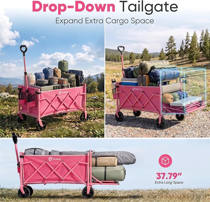Sekey Collapsible Wagon Cart with Drop-Down Tailgate, 300 lb Capacity