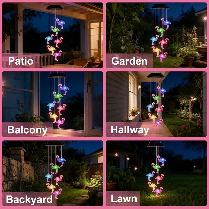 7-Color Light Changing Flamingo Solar Lights for Outside, Solar Lights Gifts for Father's Day, Solar Flamingo Wind Chimes Gifts for Women, Mom, Grandma, Garden Yard Lawn Outdoor Decor Mobiles